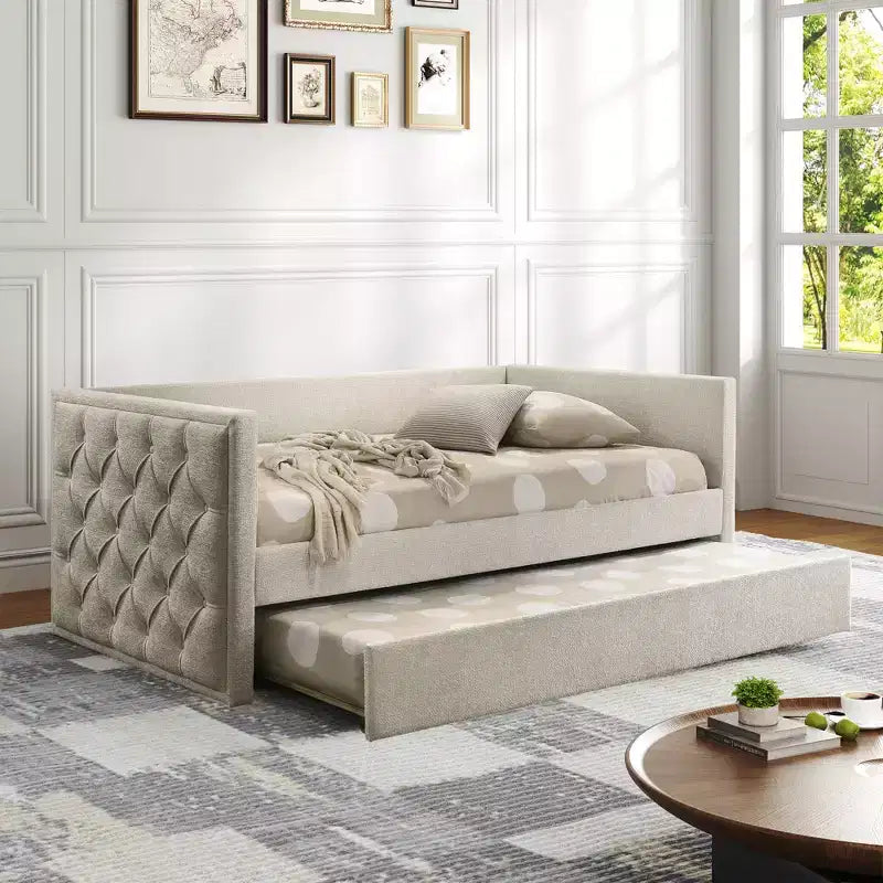 Canapé-lit moderne pour matelas jumeaux avec lit gigogne et plateforme compatible avec matelas, en bois d’ingénierie