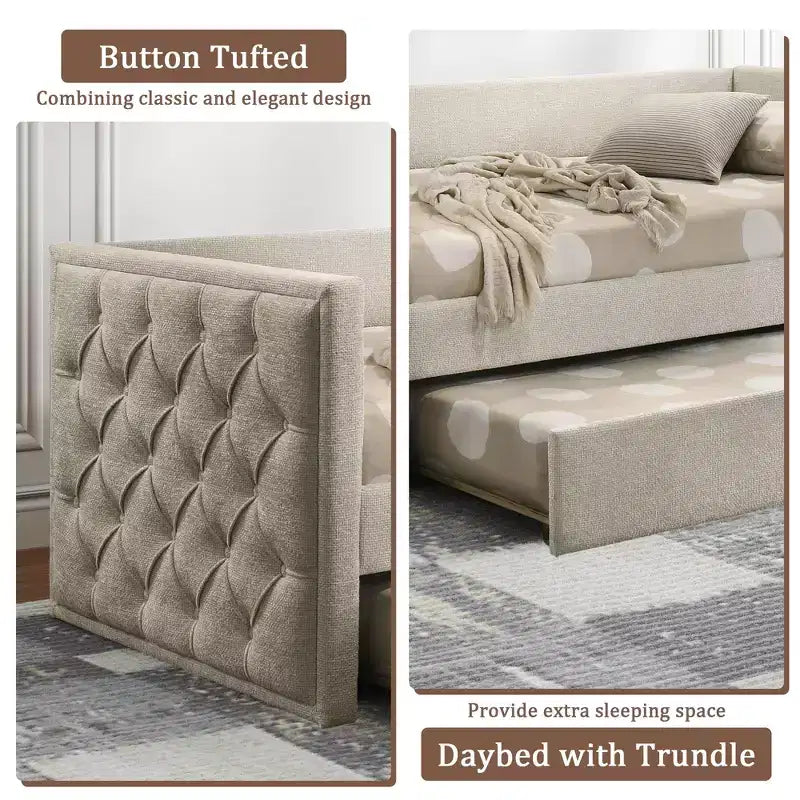 Canapé-lit moderne pour matelas jumeaux avec lit gigogne et plateforme compatible avec matelas, en bois d’ingénierie