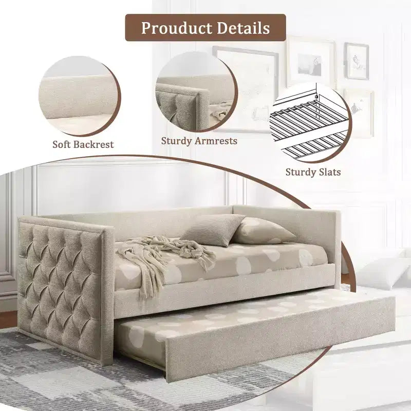 Canapé-lit moderne pour matelas jumeaux avec lit gigogne et plateforme compatible avec matelas, en bois d’ingénierie