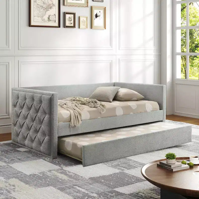 Canapé-lit moderne pour matelas jumeaux avec lit gigogne et plateforme compatible avec matelas, en bois d’ingénierie