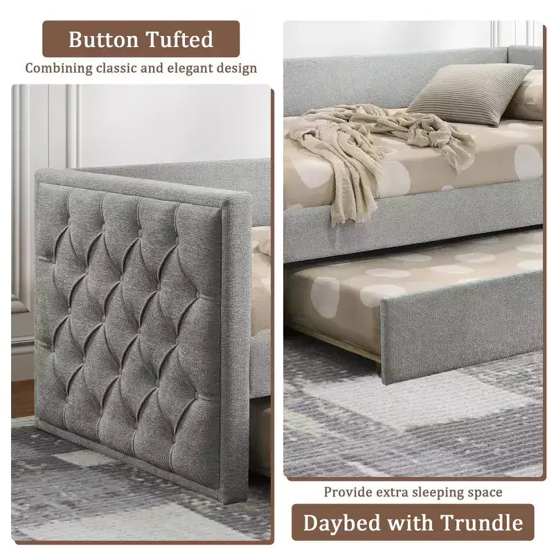 Canapé-lit moderne pour matelas jumeaux avec lit gigogne et plateforme compatible avec matelas, en bois d’ingénierie