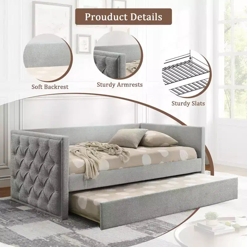 Canapé-lit moderne pour matelas jumeaux avec lit gigogne et plateforme compatible avec matelas, en bois d’ingénierie