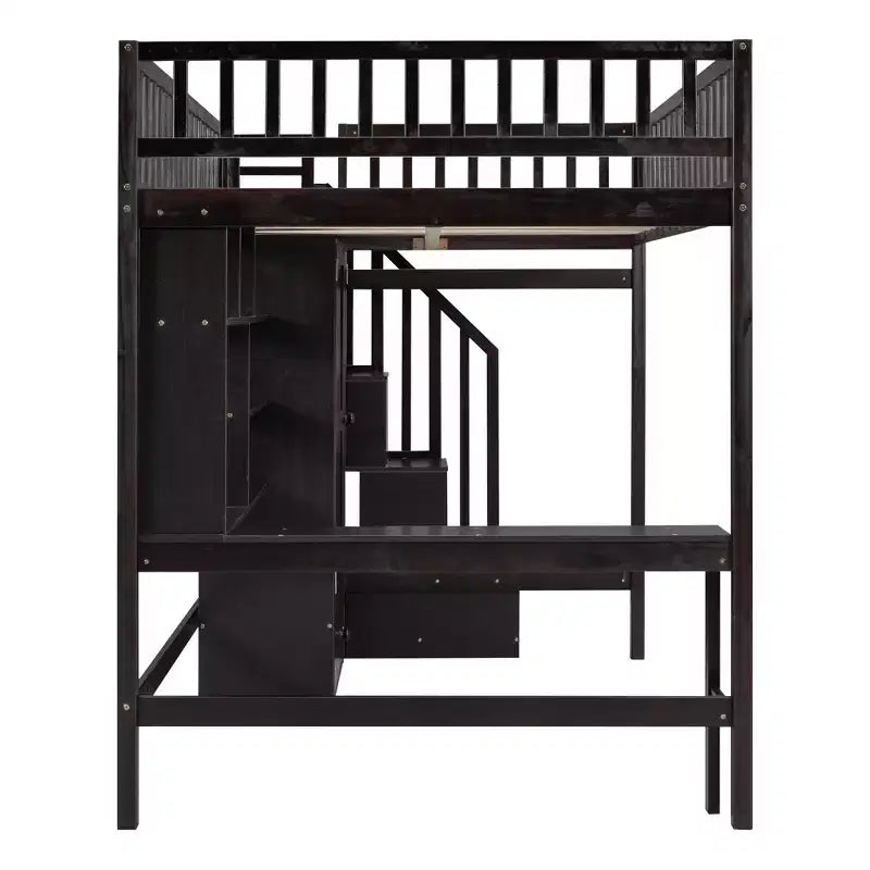 Hochbett für eine Matratze in Größe Full mit Kleiderschrank und integriertem Schreibtisch, Hochbettgestell aus Massivholz mit Treppe und Bücherregal für Kinder
