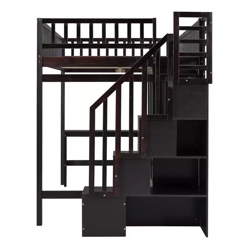 Hochbett für eine Matratze in Größe Full mit Kleiderschrank und integriertem Schreibtisch, Hochbettgestell aus Massivholz mit Treppe und Bücherregal für Kinder