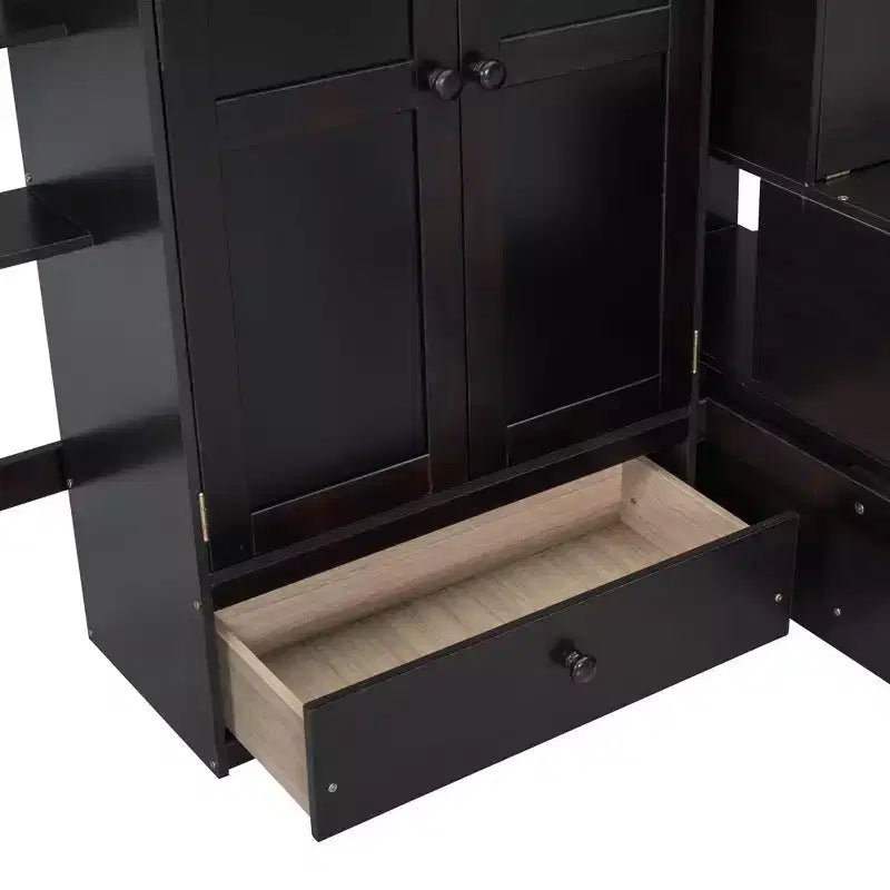 Hochbett für eine Matratze in Größe Full mit Kleiderschrank und integriertem Schreibtisch, Hochbettgestell aus Massivholz mit Treppe und Bücherregal für Kinder