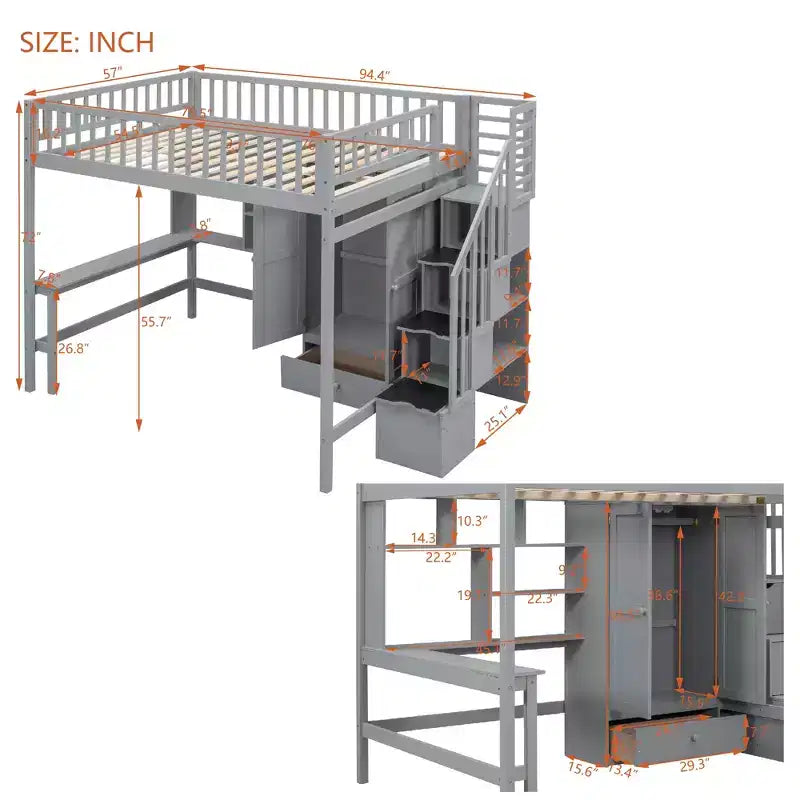 Hochbett für eine Matratze in Größe Full mit Kleiderschrank und integriertem Schreibtisch, Hochbettgestell aus Massivholz mit Treppe und Bücherregal für Kinder