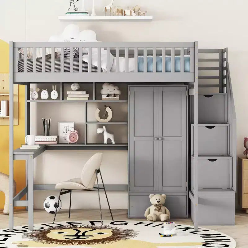 Hochbett für eine Matratze in Größe Full mit Kleiderschrank und integriertem Schreibtisch, Hochbettgestell aus Massivholz mit Treppe und Bücherregal für Kinder