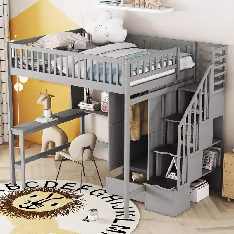 Hochbett für eine Matratze in Größe Full mit Kleiderschrank und integriertem Schreibtisch, Hochbettgestell aus Massivholz mit Treppe und Bücherregal für Kinder