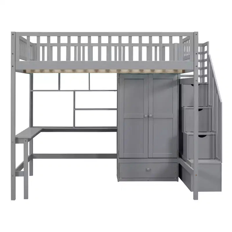 Hochbett für eine Matratze in Größe Full mit Kleiderschrank und integriertem Schreibtisch, Hochbettgestell aus Massivholz mit Treppe und Bücherregal für Kinder