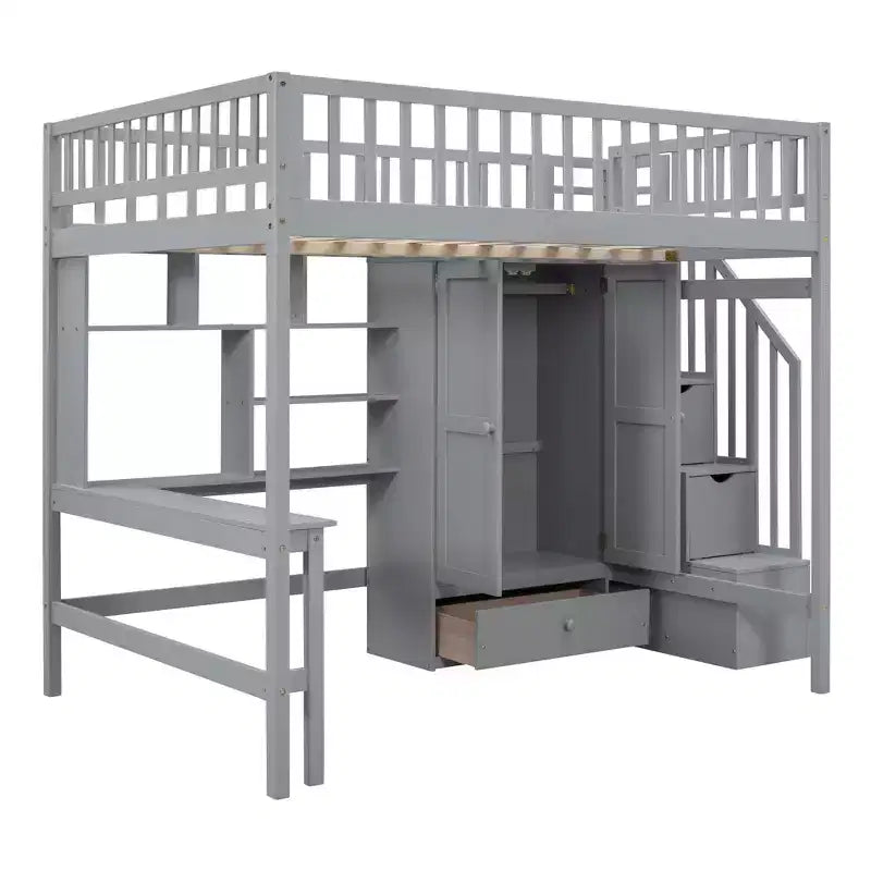 Hochbett für eine Matratze in Größe Full mit Kleiderschrank und integriertem Schreibtisch, Hochbettgestell aus Massivholz mit Treppe und Bücherregal für Kinder