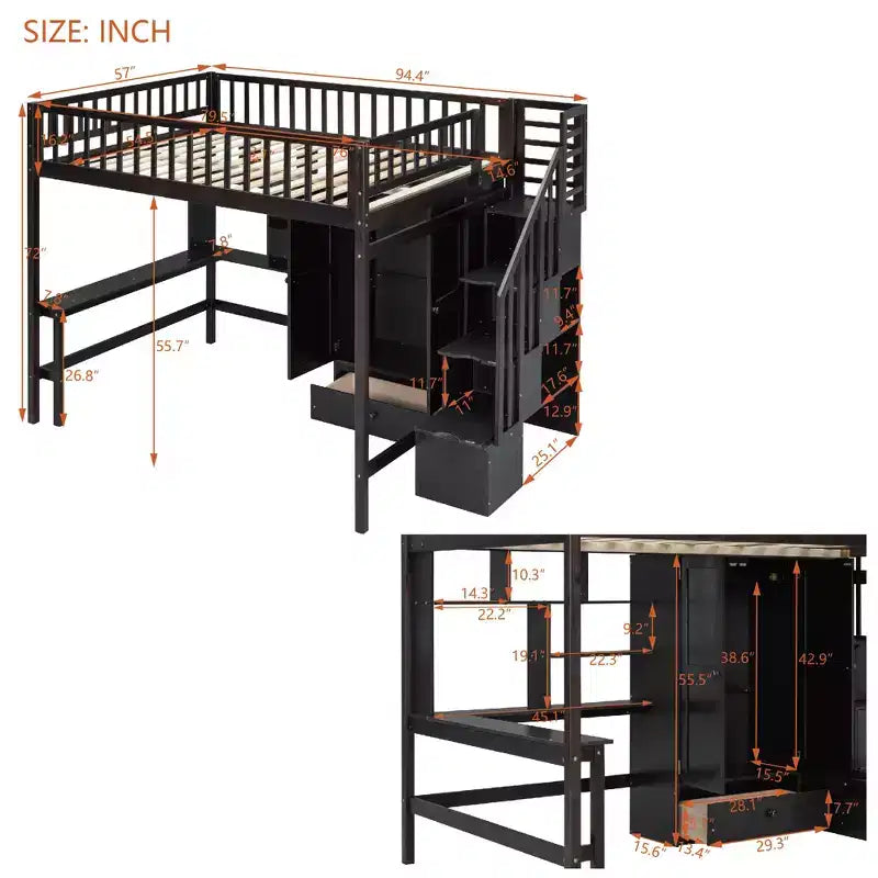 Hochbett für eine Matratze in Größe Full mit Kleiderschrank und integriertem Schreibtisch, Hochbettgestell aus Massivholz mit Treppe und Bücherregal für Kinder