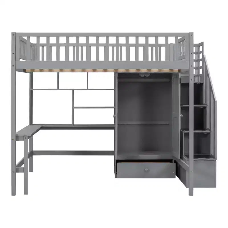 Hochbett für eine Matratze in Größe Full mit Kleiderschrank und integriertem Schreibtisch, Hochbettgestell aus Massivholz mit Treppe und Bücherregal für Kinder
