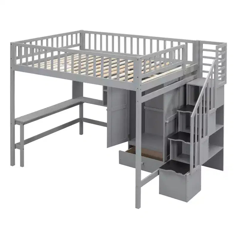 Hochbett für eine Matratze in Größe Full mit Kleiderschrank und integriertem Schreibtisch, Hochbettgestell aus Massivholz mit Treppe und Bücherregal für Kinder