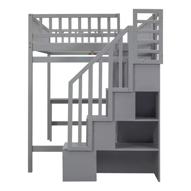 Hochbett für eine Matratze in Größe Full mit Kleiderschrank und integriertem Schreibtisch, Hochbettgestell aus Massivholz mit Treppe und Bücherregal für Kinder