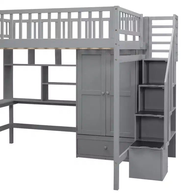 Hochbett für eine Matratze in Größe Full mit Kleiderschrank und integriertem Schreibtisch, Hochbettgestell aus Massivholz mit Treppe und Bücherregal für Kinder