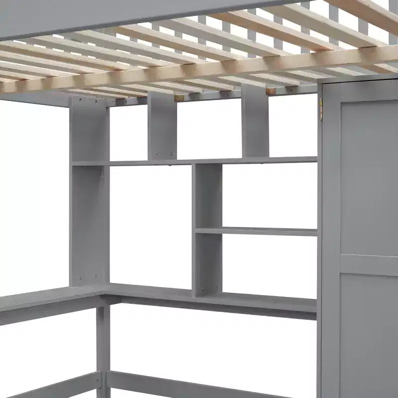 Hochbett für eine Matratze in Größe Full mit Kleiderschrank und integriertem Schreibtisch, Hochbettgestell aus Massivholz mit Treppe und Bücherregal für Kinder