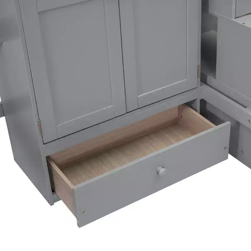 Hochbett für eine Matratze in Größe Full mit Kleiderschrank und integriertem Schreibtisch, Hochbettgestell aus Massivholz mit Treppe und Bücherregal für Kinder
