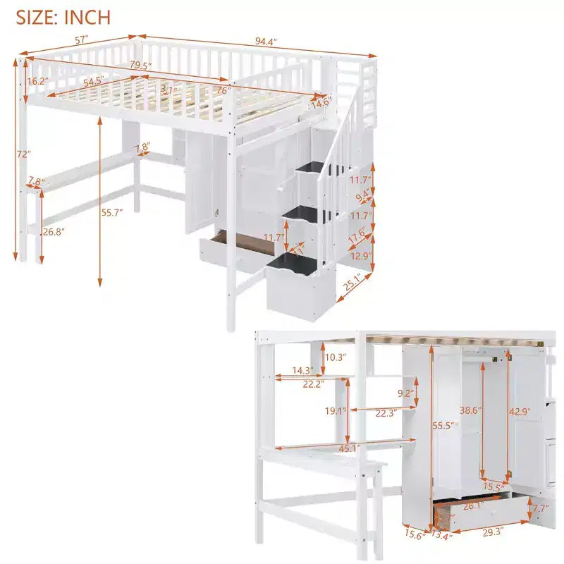 Hochbett für eine Matratze in Größe Full mit Kleiderschrank und integriertem Schreibtisch, Hochbettgestell aus Massivholz mit Treppe und Bücherregal für Kinder