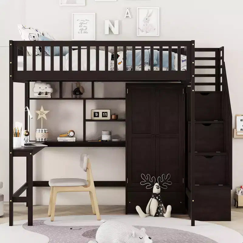 Lit mezzanine pour matelas grand format avec armoire et bureau intégré, cadre en bois massif avec grand escalier et bibliothèque de rangement pour enfants