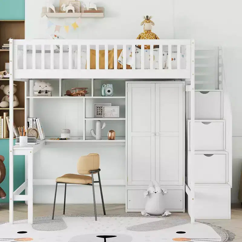 Hochbett für eine Matratze in Größe Full mit Kleiderschrank und integriertem Schreibtisch, Hochbettgestell aus Massivholz mit Treppe und Bücherregal für Kinder