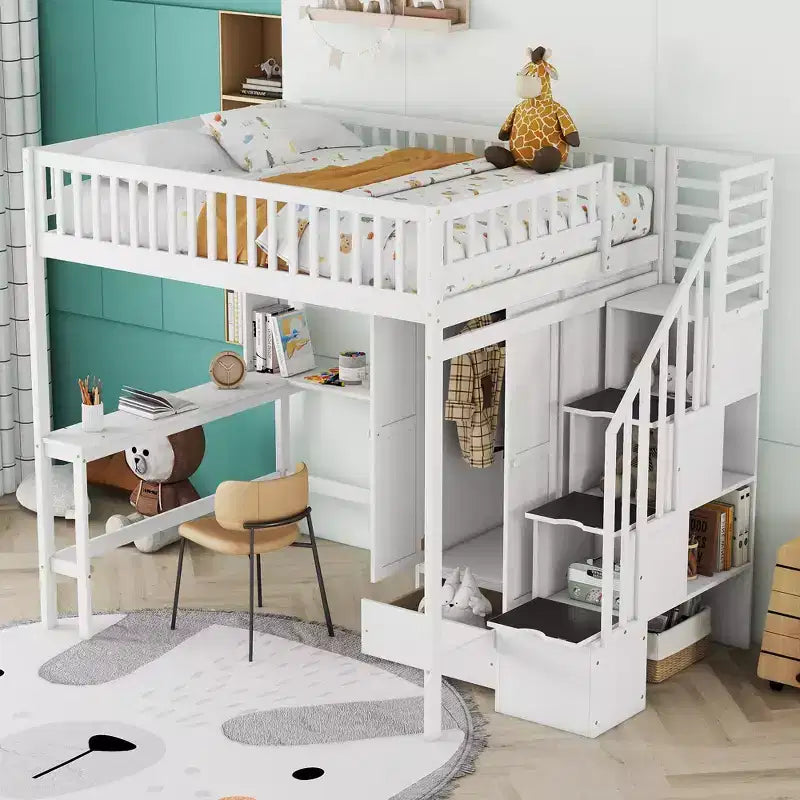 Hochbett für eine Matratze in Größe Full mit Kleiderschrank und integriertem Schreibtisch, Hochbettgestell aus Massivholz mit Treppe und Bücherregal für Kinder