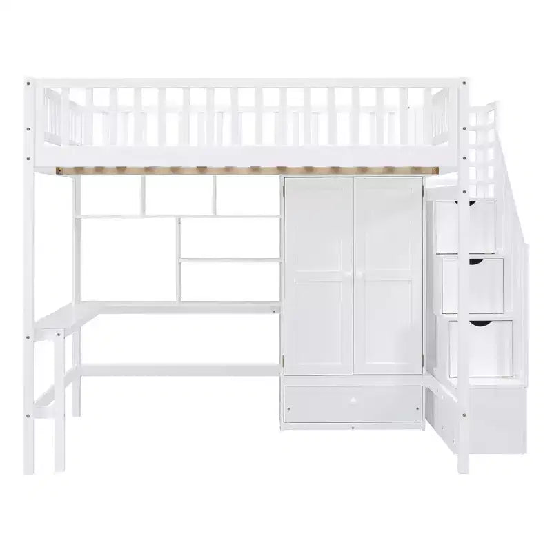 Hochbett für eine Matratze in Größe Full mit Kleiderschrank und integriertem Schreibtisch, Hochbettgestell aus Massivholz mit Treppe und Bücherregal für Kinder