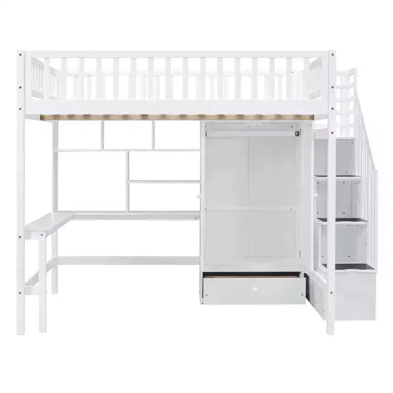 Hochbett für eine Matratze in Größe Full mit Kleiderschrank und integriertem Schreibtisch, Hochbettgestell aus Massivholz mit Treppe und Bücherregal für Kinder