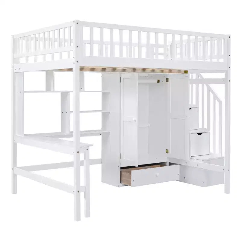 Hochbett für eine Matratze in Größe Full mit Kleiderschrank und integriertem Schreibtisch, Hochbettgestell aus Massivholz mit Treppe und Bücherregal für Kinder