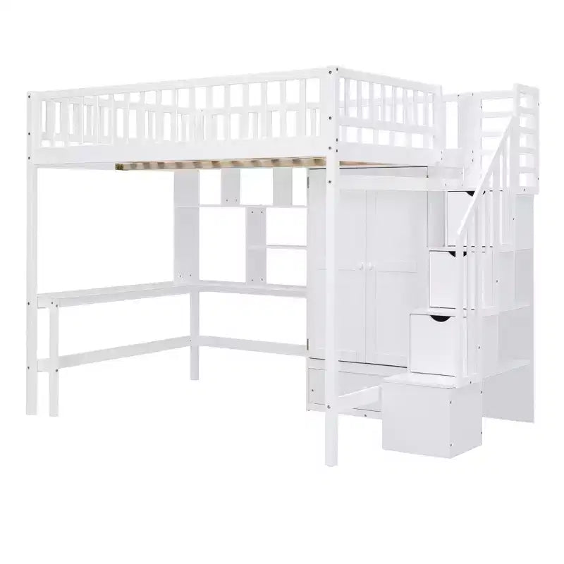 Hochbett für eine Matratze in Größe Full mit Kleiderschrank und integriertem Schreibtisch, Hochbettgestell aus Massivholz mit Treppe und Bücherregal für Kinder