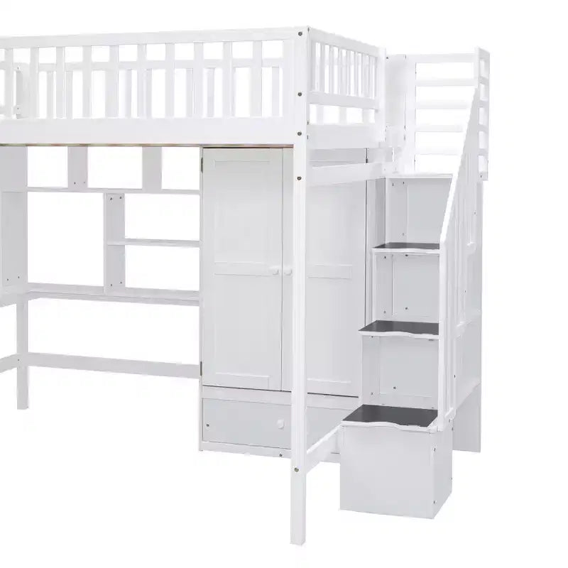 Hochbett für eine Matratze in Größe Full mit Kleiderschrank und integriertem Schreibtisch, Hochbettgestell aus Massivholz mit Treppe und Bücherregal für Kinder