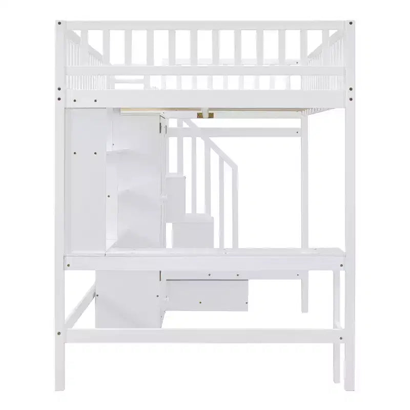 Hochbett für eine Matratze in Größe Full mit Kleiderschrank und integriertem Schreibtisch, Hochbettgestell aus Massivholz mit Treppe und Bücherregal für Kinder
