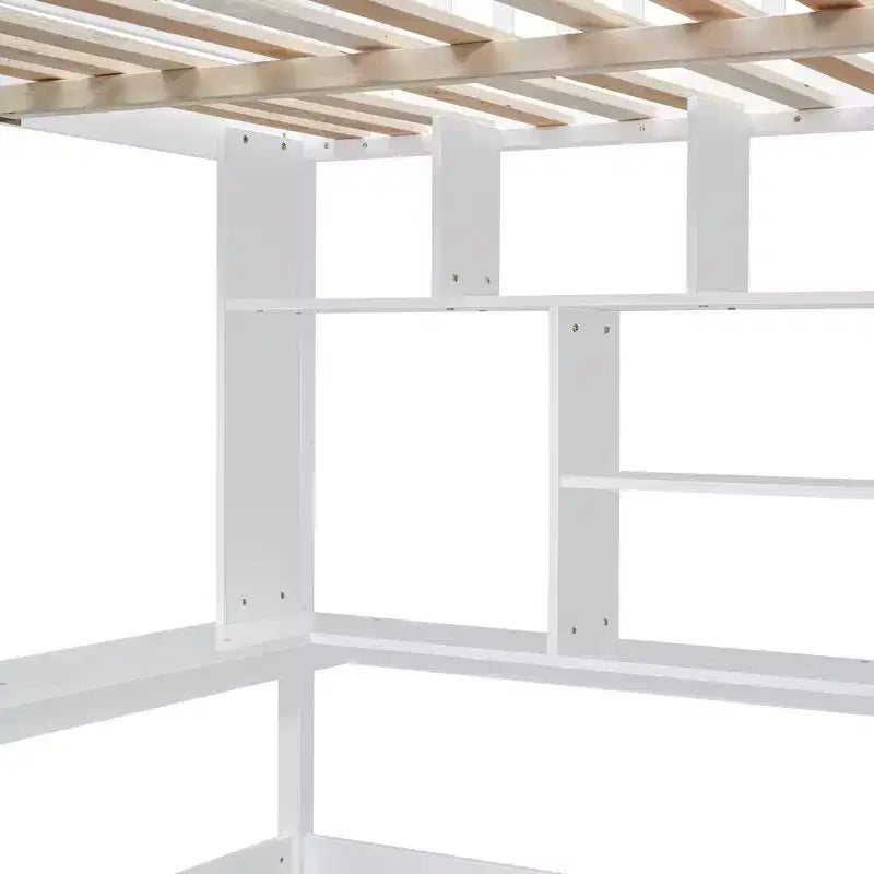 Hochbett für eine Matratze in Größe Full mit Kleiderschrank und integriertem Schreibtisch, Hochbettgestell aus Massivholz mit Treppe und Bücherregal für Kinder