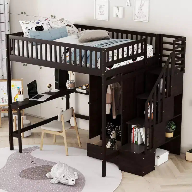 Lit mezzanine pour matelas grand format avec armoire et bureau intégré, cadre en bois massif avec grand escalier et bibliothèque de rangement pour enfants