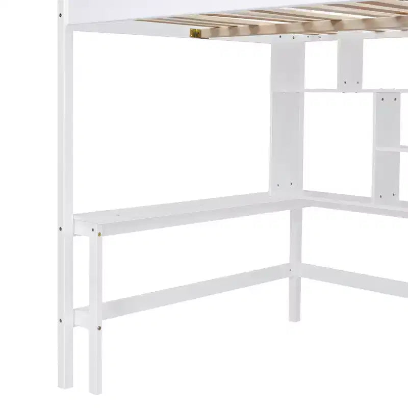 Hochbett für eine Matratze in Größe Full mit Kleiderschrank und integriertem Schreibtisch, Hochbettgestell aus Massivholz mit Treppe und Bücherregal für Kinder