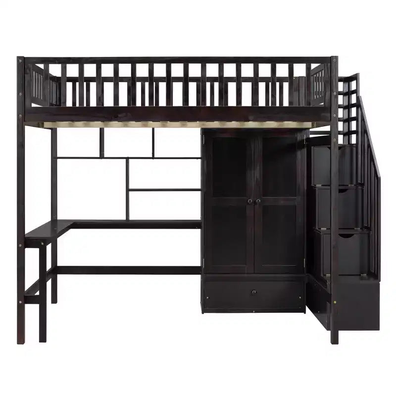 Lit mezzanine pour matelas grand format avec armoire et bureau intégré, cadre en bois massif avec grand escalier et bibliothèque de rangement pour enfants