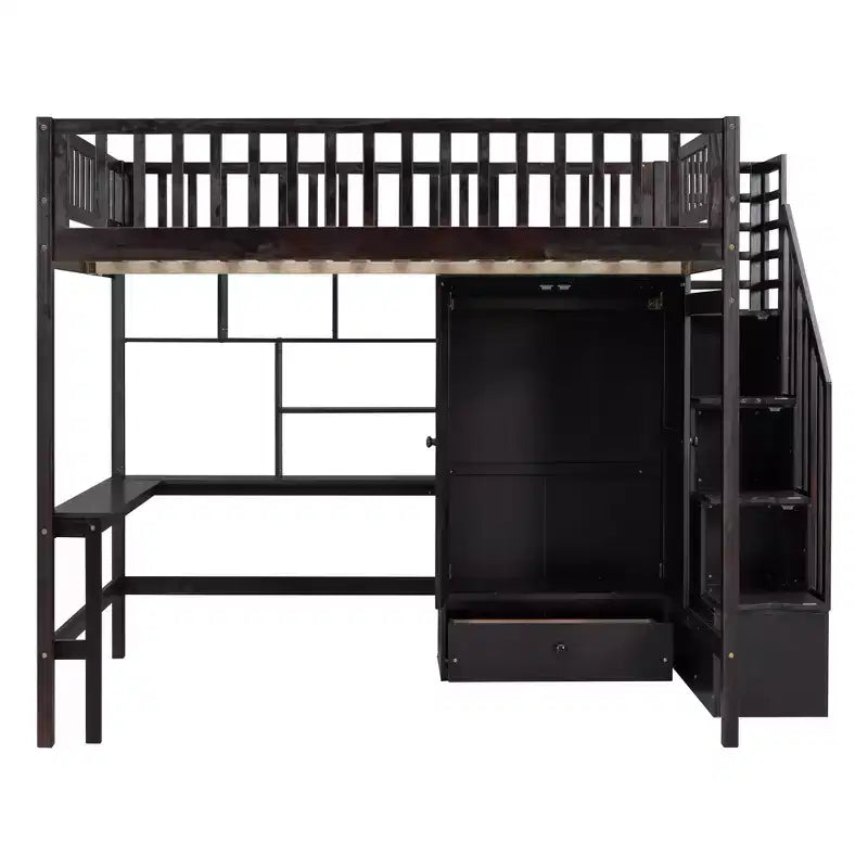 Hochbett für eine Matratze in Größe Full mit Kleiderschrank und integriertem Schreibtisch, Hochbettgestell aus Massivholz mit Treppe und Bücherregal für Kinder