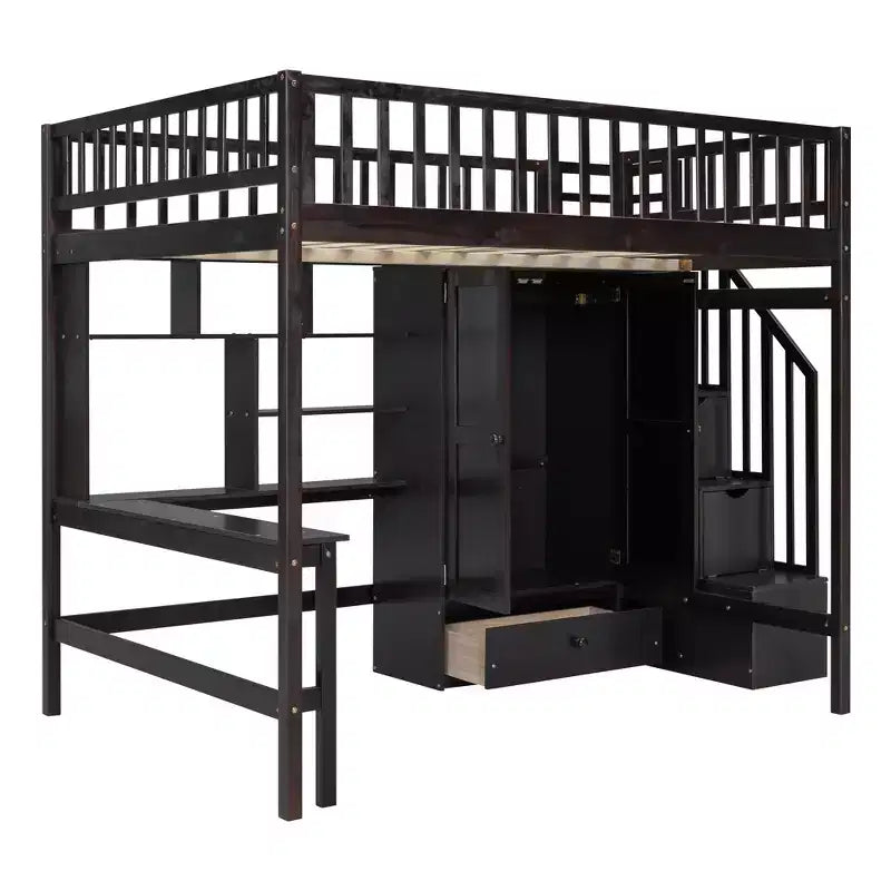 Hochbett für eine Matratze in Größe Full mit Kleiderschrank und integriertem Schreibtisch, Hochbettgestell aus Massivholz mit Treppe und Bücherregal für Kinder