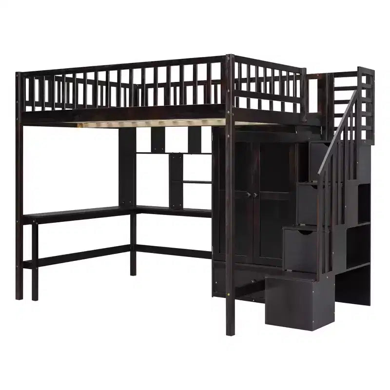 Hochbett für eine Matratze in Größe Full mit Kleiderschrank und integriertem Schreibtisch, Hochbettgestell aus Massivholz mit Treppe und Bücherregal für Kinder