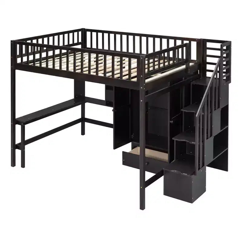Hochbett für eine Matratze in Größe Full mit Kleiderschrank und integriertem Schreibtisch, Hochbettgestell aus Massivholz mit Treppe und Bücherregal für Kinder