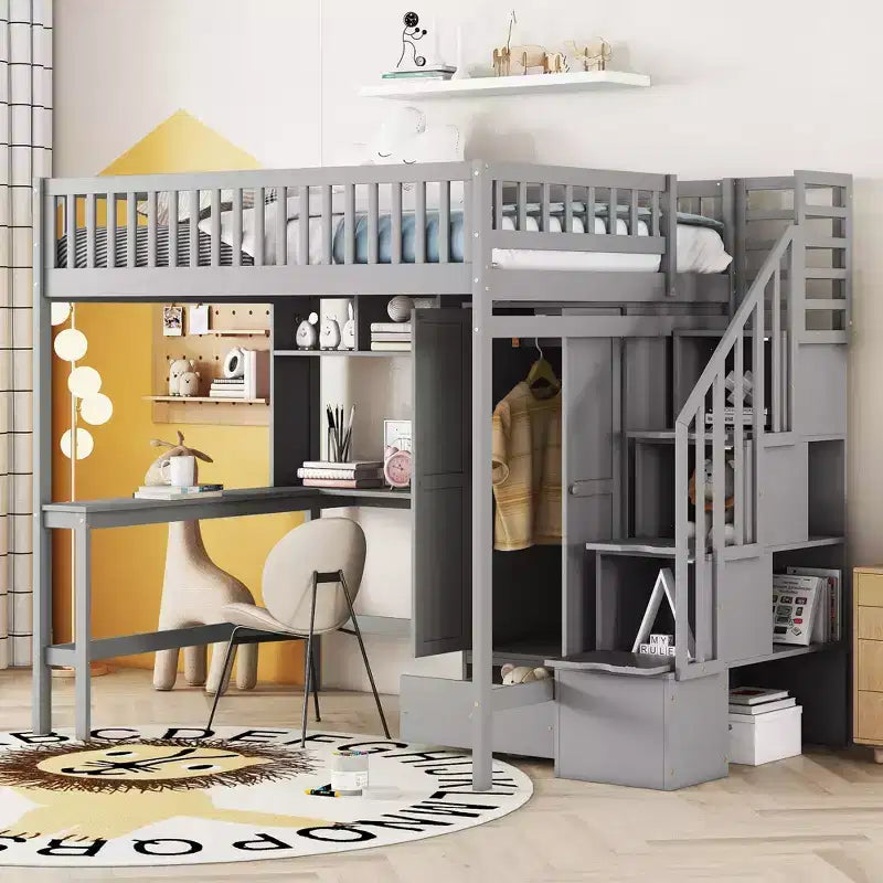 Lit mezzanine pour matelas grand format avec armoire et bureau intégré, cadre en bois massif avec grand escalier et bibliothèque de rangement pour enfants