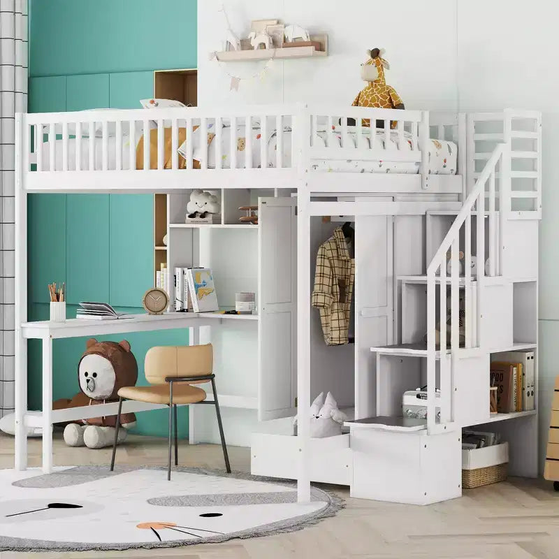 Lit mezzanine pour matelas grand format avec armoire et bureau intégré, cadre en bois massif avec grand escalier et bibliothèque de rangement pour enfants