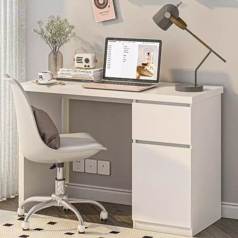 Bureau d’ordinateur avec tiroirs, bureau de travail en bois de 43 pouces, poste de travail pour bureau à domicile avec rangement, blanc
