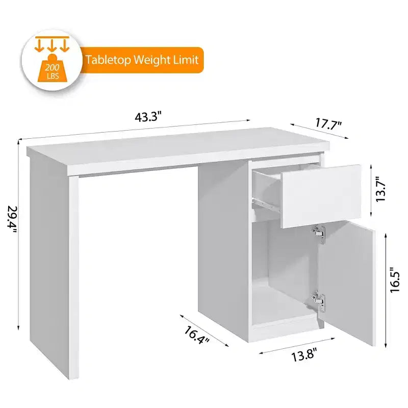 Bureau d’ordinateur avec tiroirs, bureau de travail en bois de 43 pouces, poste de travail pour bureau à domicile avec rangement, blanc