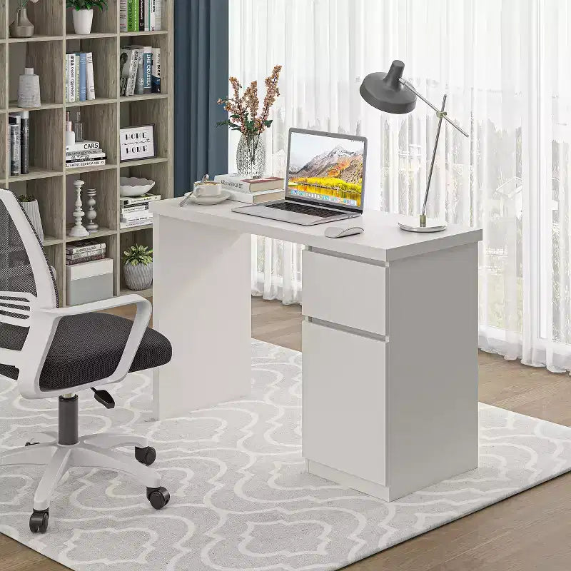 Bureau d’ordinateur avec tiroirs, bureau de travail en bois de 43 pouces, poste de travail pour bureau à domicile avec rangement, blanc