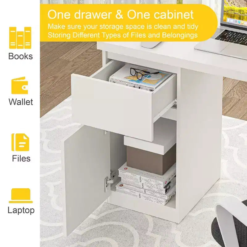 Bureau d’ordinateur avec tiroirs, bureau de travail en bois de 43 pouces, poste de travail pour bureau à domicile avec rangement, blanc