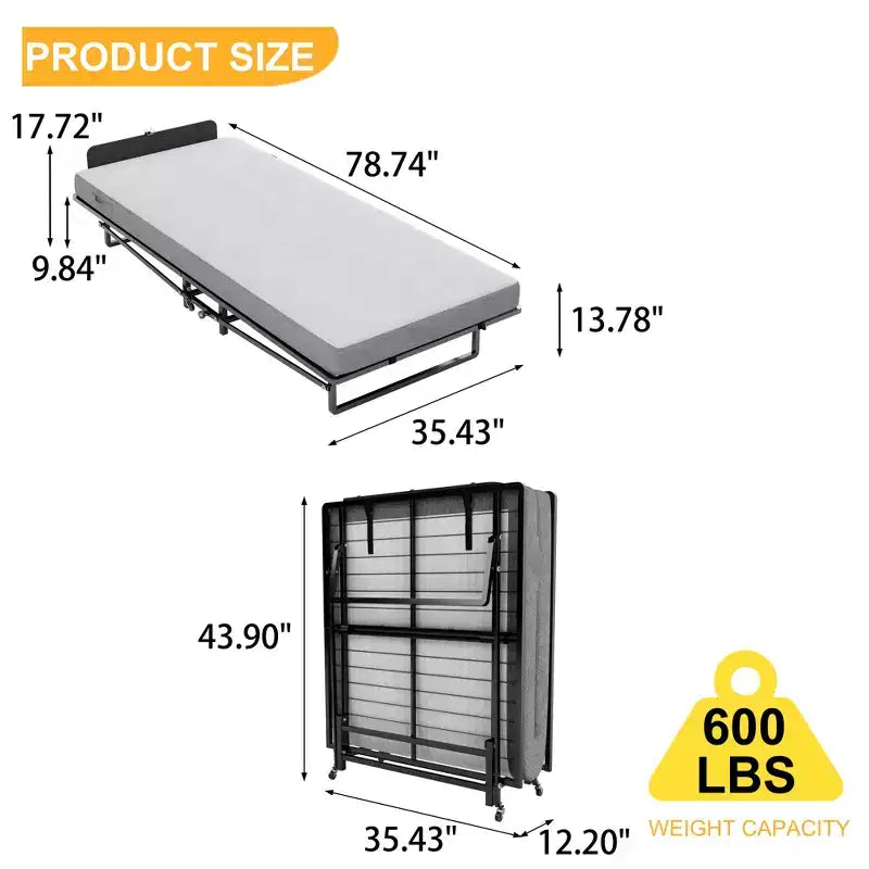 Estructura de cama plegable de metal con colchón de espuma con bolsillos, fácil de guardar y transportar, con 4 ruedas