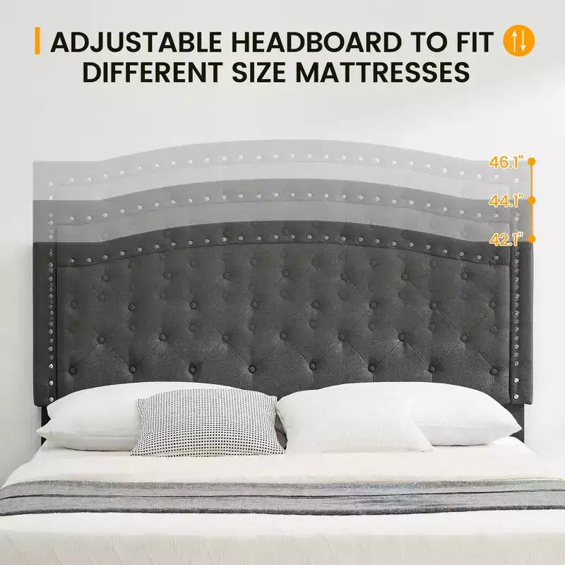 Bettrahmen mit verstellbarem Kopfteil, Knopfheftung, Holzlattenrost, kein Boxspringbett erforderlich, einfache Montage