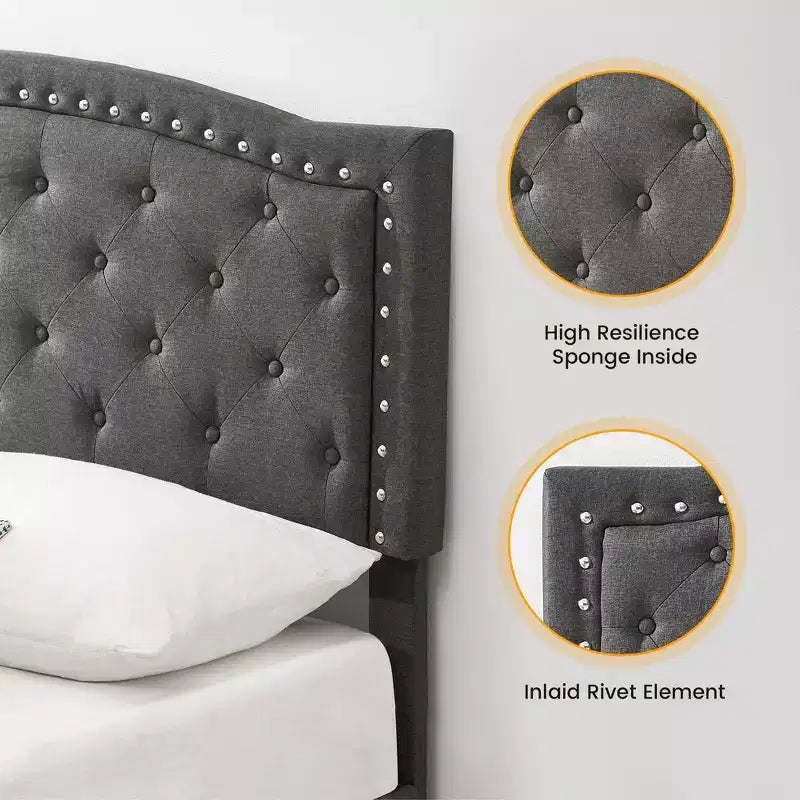 Bettrahmen mit verstellbarem Kopfteil, Knopfheftung, Holzlattenrost, kein Boxspringbett erforderlich, einfache Montage