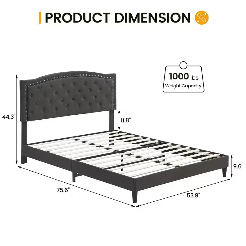 Bettrahmen mit verstellbarem Kopfteil, Knopfheftung, Holzlattenrost, kein Boxspringbett erforderlich, einfache Montage