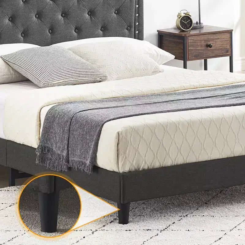 Bettrahmen mit verstellbarem Kopfteil, Knopfheftung, Holzlattenrost, kein Boxspringbett erforderlich, einfache Montage